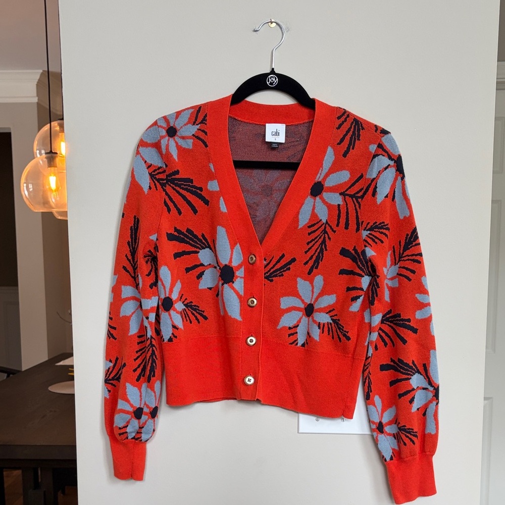 CAbi Red and Gray Floral Cardigan